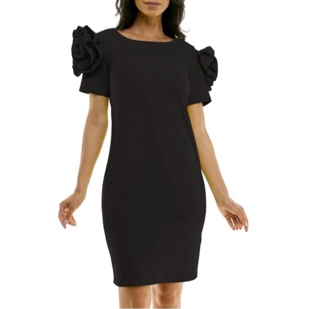 New Nina Leonard Shoulder Flower Ruffle Mini Sheath Dress in Black Size XL